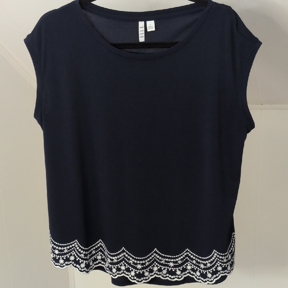 Elle Navy Blouse with White Embroidery.